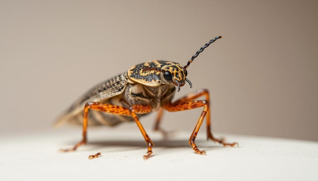 A macro photograph of a close-up view of a stink bug (Pentatomidae) specimen, showcasing its detailed features against a softly blurred, neutral background. The lighting is natural and diffused, accentuating the intricate textures and colors of the insect's body, legs, and antennae. The camera is positioned at a slight angle, providing a three-dimensional perspective that highlights the bug's unique anatomy. The depth of field is shallow, ensuring the subject remains in sharp focus while the surroundings fade into a gentle, out-of-focus blur. This image aims to capture the essence of the "Wanzen Bestimmung Foto" for the "Beobachtung und Bestimmung: Kennzeichen im Detail" section of the article. A macro photograph of a close-up view of a stink bug (Pentatomidae) specimen, showcasing its detailed features against a softly blurred, neutral background. The lighting is natural and diffused, accentuating the intricate textures and colors of the insect's body, legs, and antennae. The camera is positioned at a slight angle, providing a three-dimensional perspective that highlights the bug's unique anatomy. The depth of field is shallow, ensuring the subject remains in sharp focus while the surroundings fade into a gentle, out-of-focus blur. This image aims to capture the essence of the "Wanzen Bestimmung Foto" for the "Beobachtung und Bestimmung: Kennzeichen im Detail" section of the article.