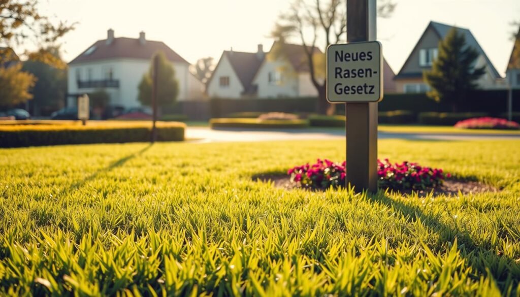 A meticulously manicured lawn in the foreground, lush and verdant, with blades of grass gently swaying in a soft breeze. In the middle ground, a signpost stands tall, its surface etched with the title "Neues Rasen-Gesetz," casting a subtle shadow across the ground. The background depicts a tranquil suburban neighborhood, with neatly trimmed hedges, vibrant flowerbeds, and a few stately trees providing a sense of balance and harmony. The lighting is warm and golden, casting a serene glow over the entire scene, evoking a sense of order and civic pride. The overall composition conveys a sense of well-tended, meticulously maintained public spaces, reflecting the importance of the new lawn legislation.