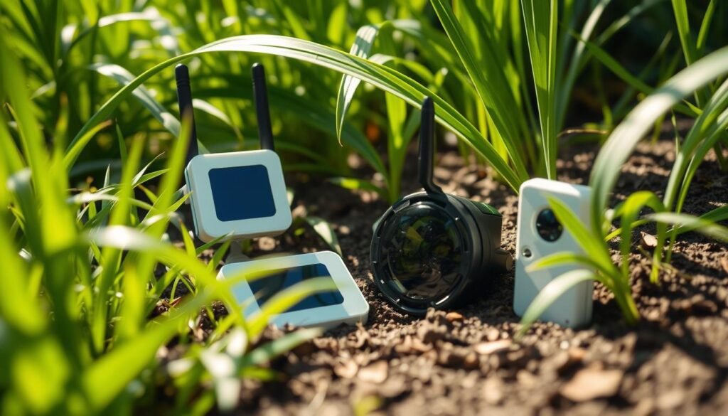 A modern pest control setup for dealing with moles and voles in the garden. A high-tech underground monitoring device with motion sensors and wireless connectivity, paired with a remote-controlled sonic deterrent system. The device is partially buried in the soil, blending seamlessly with the lush, verdant landscape. Sunlight filters through swaying greenery, casting natural shadows and giving the scene a tranquil, earthy atmosphere. The technology appears unobtrusive, focused on harmony with the natural environment while effectively managing the persistent mole and vole problem.