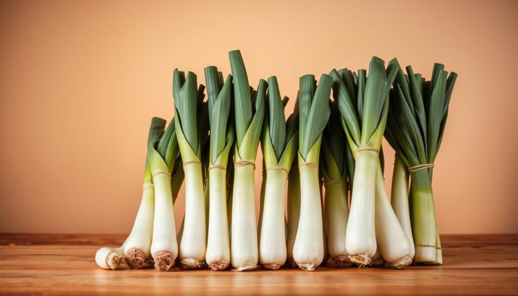 A neatly arranged display of freshly harvested leeks, their slender pale-green stalks and robust dark-green leaves standing tall against a soft, evenly lit backdrop. The leeks are gently placed on a wooden surface, showcasing their natural beauty and the bountiful yield of the harvest. The scene exudes a sense of rustic charm and the satisfaction of a successful gardening season. Warm, diffused lighting casts gentle shadows, highlighting the textures and details of the produce. The overall composition radiates a calming, earthy atmosphere, inviting the viewer to appreciate the simplicity and abundance of the harvest. A neatly arranged display of freshly harvested leeks, their slender pale-green stalks and robust dark-green leaves standing tall against a soft, evenly lit backdrop. The leeks are gently placed on a wooden surface, showcasing their natural beauty and the bountiful yield of the harvest. The scene exudes a sense of rustic charm and the satisfaction of a successful gardening season. Warm, diffused lighting casts gentle shadows, highlighting the textures and details of the produce. The overall composition radiates a calming, earthy atmosphere, inviting the viewer to appreciate the simplicity and abundance of the harvest.