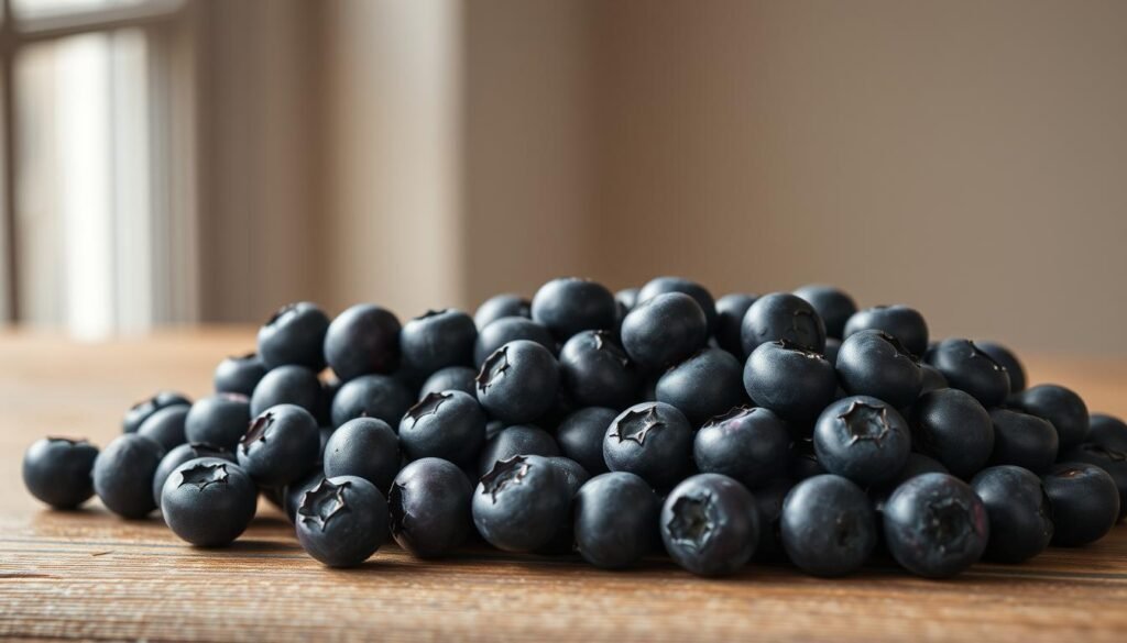 A neatly arranged pile of fresh, plump blueberries resting on a wooden surface, illuminated by soft, natural light filtering through a window. The berries are glistening with a subtle sheen, their deep purple hues contrasting beautifully against the warm, weathered wood tones. The composition is balanced, with the blueberries occupying the foreground, and a muted, out-of-focus background providing a serene, minimalist setting. The overall mood is one of simplicity, freshness, and an appreciation for the natural beauty of this humble, healthy fruit.