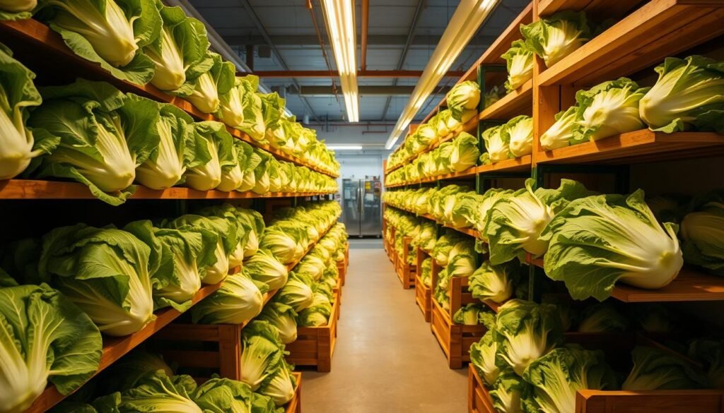 A neatly organized storage area with stacks of freshly harvested Chinese cabbage heads. The cabbages are placed on wooden shelves or in sturdy crates, allowing for optimal air circulation. Soft, warm lighting from overhead fixtures casts a gentle glow, preserving the vibrant green hues of the leaves. The shelves are arranged in tidy rows, creating a sense of order and efficiency. In the background, a cool, temperature-controlled environment can be glimpsed, ensuring the long-term freshness and crispness of the stored produce. The overall scene conveys a well-planned, professional approach to the proper storage and preservation of Chinese cabbage.