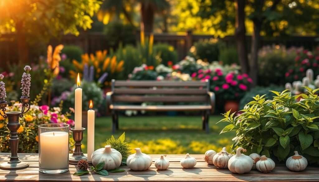 A picturesque outdoor scene in a lush garden, showcasing practical tips for deterring wasps. In the foreground, an array of natural deterrents, such as citronella candles, garlic, and peppermint plants, creating an inviting yet wasp-free atmosphere. The middle ground features a wooden bench or table, providing a cozy spot for al fresco dining, free from the annoyance of buzzing pests. In the background, a beautifully manicured garden with vibrant flowers and shrubbery, bathed in warm, golden sunlight that filters through the trees. The overall mood is one of tranquility and relaxation, where effective, eco-friendly methods for keeping wasps at bay are showcased in a visually appealing and practical manner. A picturesque outdoor scene in a lush garden, showcasing practical tips for deterring wasps. In the foreground, an array of natural deterrents, such as citronella candles, garlic, and peppermint plants, creating an inviting yet wasp-free atmosphere. The middle ground features a wooden bench or table, providing a cozy spot for al fresco dining, free from the annoyance of buzzing pests. In the background, a beautifully manicured garden with vibrant flowers and shrubbery, bathed in warm, golden sunlight that filters through the trees. The overall mood is one of tranquility and relaxation, where effective, eco-friendly methods for keeping wasps at bay are showcased in a visually appealing and practical manner.