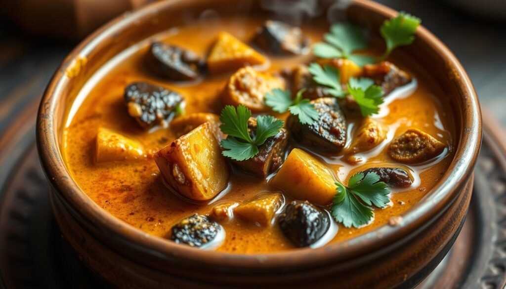 A richly colored and aromatic Auberginen-Curry dish, steaming hot and served in a traditional Indian-style earthenware bowl. The eggplant pieces are tender and infused with fragrant spices like cumin, coriander, and turmeric, creating a depth of flavor. Coconut milk adds a creamy, velvety texture to the curry sauce. Garnished with fresh cilantro and a drizzle of flavorful oil, the dish is visually enticing and evokes the warmth and vibrant colors of Indian cuisine. Soft, diffused lighting illuminates the scene, highlighting the intricate textures and inviting the viewer to experience the comforting, vegan dish.