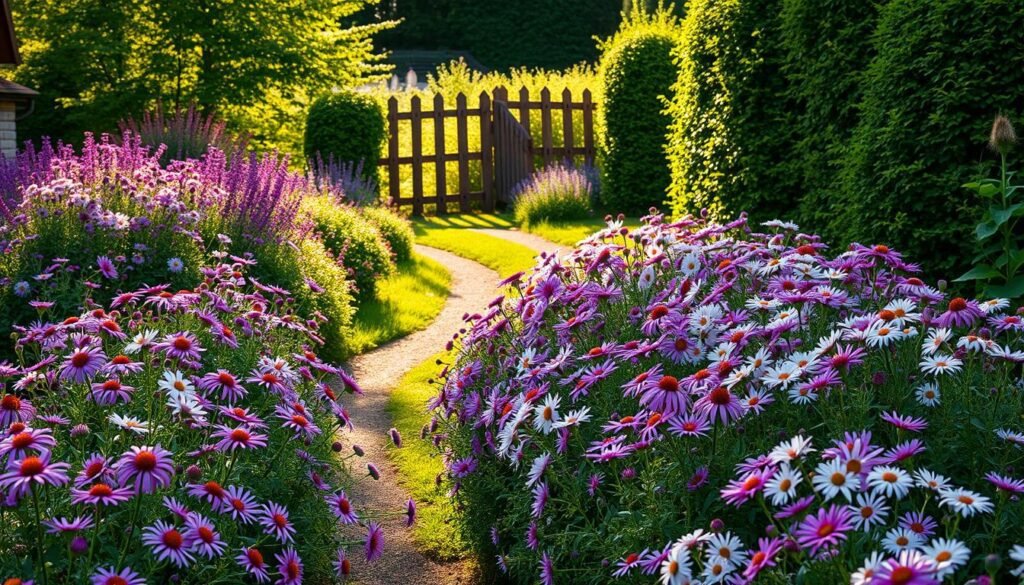 A rustic Bauerngarten (traditional German farmhouse garden) filled with a vibrant display of colorful Astern (asters). Lush, abundant perennial beds in the foreground, with a variety of Aster cultivars in shades of purple, pink, and white. A sun-dappled path meanders through the scene, inviting the viewer to explore. In the background, a charming wooden fence and a verdant hedge frame the garden, creating a sense of enclosure and tranquility. Soft, warm lighting casts a golden glow over the entire composition, highlighting the delicate petals and creating an idyllic, pastoral atmosphere. The overall impression is one of beauty, harmony, and the bounty of nature.