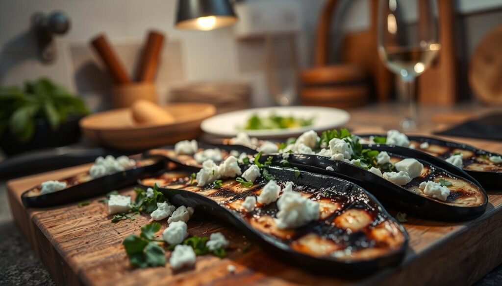 A rustic kitchen scene with an overhead spotlight illuminating a wooden cutting board. In the foreground, freshly grilled eggplant slices are arranged neatly, their glossy purple skins contrasting with the crumbled feta cheese and freshly chopped herbs sprinkled on top. The aroma of sizzling olive oil and fragrant spices fills the air. In the background, a blurred view of a simple table setting with a glass of white wine suggests a cozy, intimate meal. The overall mood is one of simple, honest cooking and the pleasure of sharing a homemade Mediterranean-inspired dish.