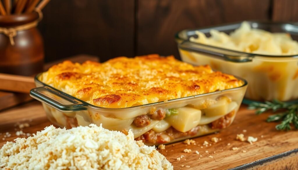 A savory and comforting Wirsing-Auflauf (cabbage casserole) takes center stage, its golden-brown top glistening under the warm, soft lighting. In the foreground, freshly grated Parmesan cheese and breadcrumbs add texture and flavor, while the middle ground reveals tender cabbage leaves layered with a creamy, cheesy sauce. The background features a rustic, wooden table, complementing the homemade, homely atmosphere. The overall scene exudes a sense of satisfaction and invites the viewer to dive into this hearty, traditional German dish.