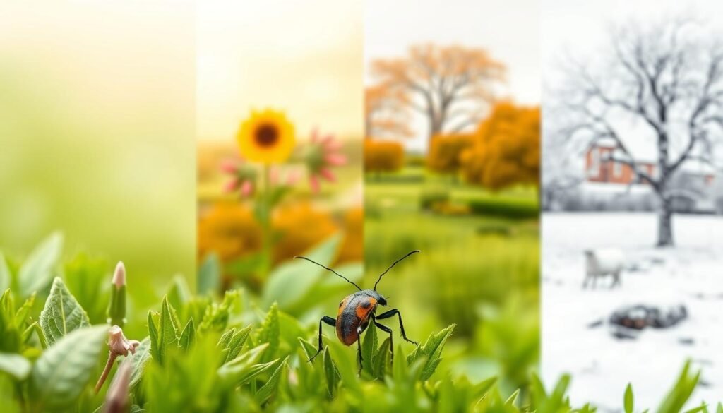 A serene, nature-inspired scene depicting the four seasons and their impact on the behavior of the stinkbug. In the foreground, a stinkbug crawls across a lush, verdant garden in spring, its antennae twitching. Behind it, the scene transitions through the changing seasons - a warm summer day with the stinkbug pollinating flowers, a vibrant autumn landscape as the stinkbug prepares for winter, and finally a snow-covered winter wonderland where the stinkbug hibernates. The lighting is soft and diffused, creating a calming, almost dreamlike atmosphere. The composition is balanced, with the stinkbug as the central focus, surrounded by the cyclical beauty of nature. Captured with a macro lens to showcase the intricate details of the stinkbug's form and the seasonal changes in the environment. A serene, nature-inspired scene depicting the four seasons and their impact on the behavior of the stinkbug. In the foreground, a stinkbug crawls across a lush, verdant garden in spring, its antennae twitching. Behind it, the scene transitions through the changing seasons - a warm summer day with the stinkbug pollinating flowers, a vibrant autumn landscape as the stinkbug prepares for winter, and finally a snow-covered winter wonderland where the stinkbug hibernates. The lighting is soft and diffused, creating a calming, almost dreamlike atmosphere. The composition is balanced, with the stinkbug as the central focus, surrounded by the cyclical beauty of nature. Captured with a macro lens to showcase the intricate details of the stinkbug's form and the seasonal changes in the environment.