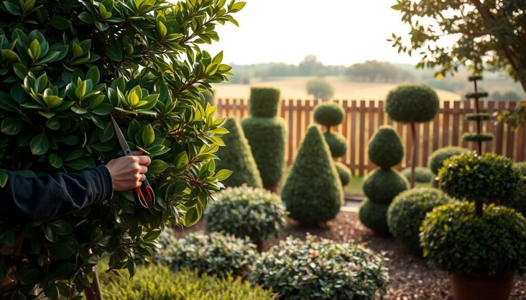 A serene, well-lit garden scene showcasing various Formschnitt techniques for trimming and shaping Kirschlorbeer shrubs. In the foreground, a gardener carefully prunes the plant with precision shears, sculpting its lush, glossy foliage. The middle ground features a display of different Formschnitt methods, including hedge-style, topiary, and selective branch removal, each demonstrating the versatility of this evergreen species. The background depicts a tranquil landscape with a wooden fence, complementing the natural setting. Soft, diffused lighting casts gentle shadows, accentuating the intricate textures and forms of the Kirschlorbeer. The overall composition conveys the artistry and skill required to properly maintain and shape this popular ornamental plant.