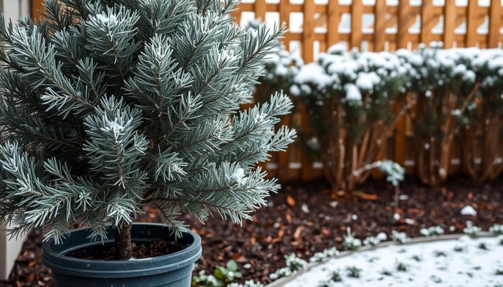 A serene winter scene of a potted Eucalyptus tree in a cozy garden setting. The foreground features the potted plant, its silvery-green leaves glistening with a light dusting of frost. The middle ground showcases a neatly manicured garden bed, with mulch and ground cover plants adding texture and depth. In the background, a wooden fence or trellis provides a warm, rustic backdrop, partially obscured by a gentle snowfall. The lighting is soft and diffused, creating a peaceful, tranquil atmosphere. The image conveys the care and attention required to successfully overwinter a Eucalyptus plant, while highlighting its resilience and adaptability to cold weather conditions.