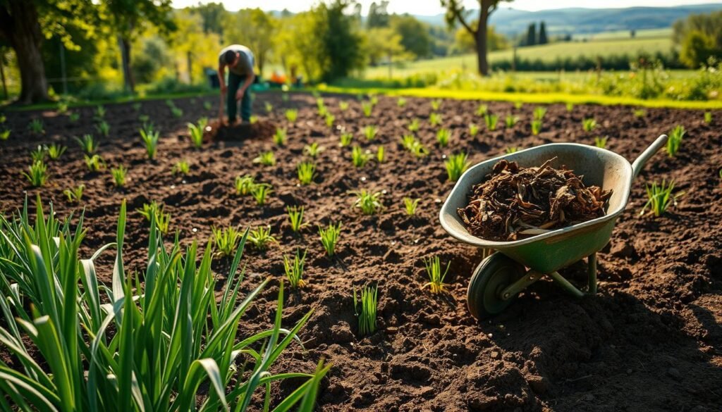 A sprawling garden bed, the soil freshly turned and ready for the upcoming planting of leeks. In the foreground, a gardener meticulously incorporates rich, dark compost into the earth, ensuring optimal nutrient-rich conditions for the delicate leek seedlings. Sunlight filters through the trees, casting a warm, golden glow over the scene. The middle ground reveals a wheelbarrow filled with decomposing organic matter, a testament to the importance of composting in preparing the soil for a bountiful leek harvest. In the background, lush greenery and the distant horizon create a serene, peaceful atmosphere, inviting the viewer to imagine the thriving leek plants that will soon occupy this well-tended plot. Lauch anbauen
