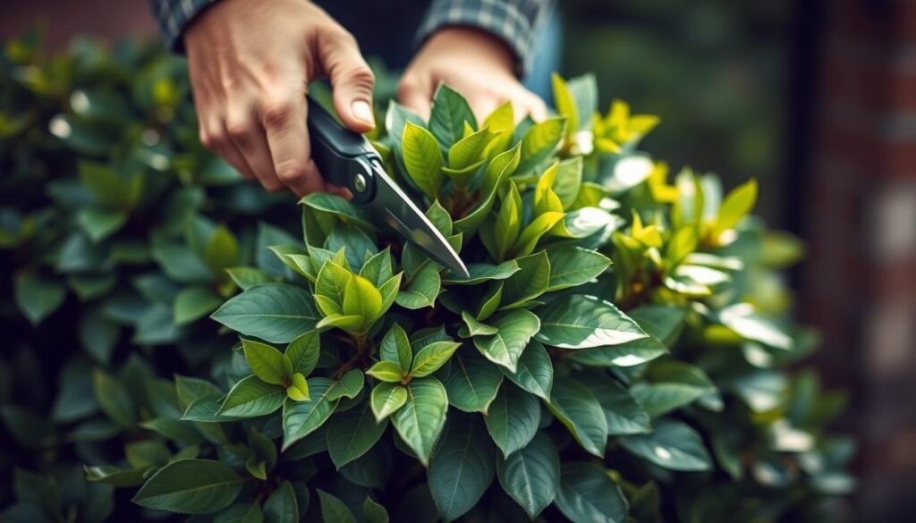 A step-by-step guide to hedge trimming, showcasing a well-manicured cherry laurel shrub. The scene depicts a gardener's hands meticulously clipping the lush, green foliage with sharp pruning shears, angled to capture the precision of the technique. Soft, diffused lighting illuminates the vibrant leaves, casting gentle shadows that highlight the intricate structure of the plant. The background is blurred, allowing the subject to take center stage and emphasize the instructional nature of the image. The overall composition conveys a sense of care, expertise, and attention to detail - essential elements for properly maintaining a healthy, symmetrical hedge.