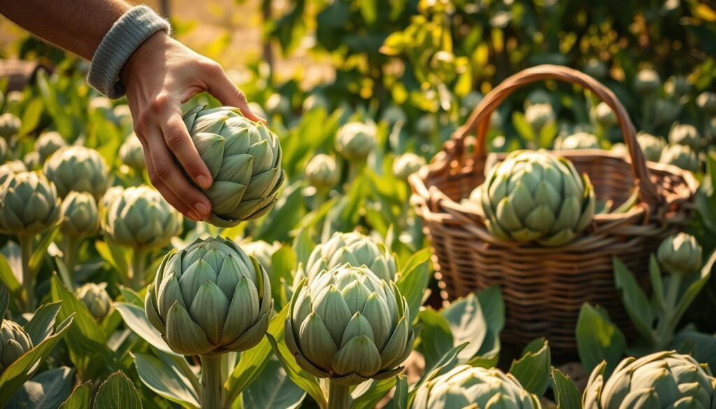 A sun-dappled field bursting with lush, green artichoke plants. In the foreground, a skilled farmer's weathered hands carefully pluck the ripe, plump artichokes, their silvery-green leaves glistening with morning dew. The mid-ground showcases the artichokes in various stages of maturity, some still tightly furled, others opened wide, revealing the tender hearts within. In the background, a rustic wooden basket waits to be filled with the freshly harvested bounty. Warm, golden light filters through the leaves, casting a soft, inviting glow over the entire scene. A peaceful, bucolic moment captured in time, celebrating the bounty of the earth and the dedicated labor of the farmer.