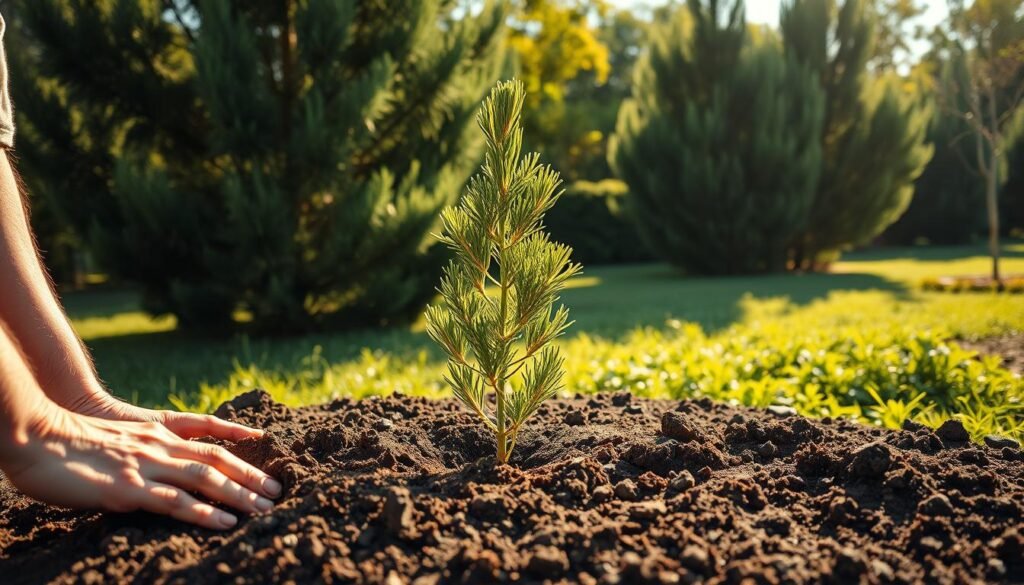 A sun-dappled garden scene showcasing the soil preparation for planting a Cypress tree. In the foreground, a gardener's hands carefully loosen the earth, mixing in nutrient-rich compost to enrich the soil. Midground, a young Cypress sapling stands ready for planting, its verdant foliage gently swaying in a light breeze. The background features a lush, verdant landscape, with other mature Cypress trees casting soft, mottled shadows across the scene. Warm, golden sunlight filters through the canopy, creating a serene, tranquil atmosphere. The camera angle is slightly elevated, offering a composed, picturesque view of the gardening process.