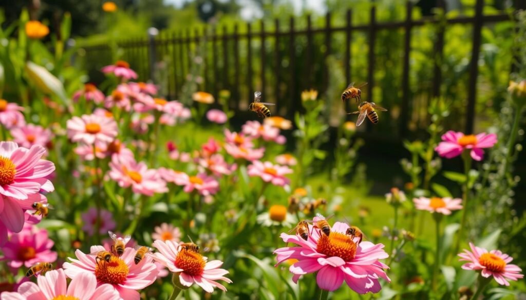 A sun-dappled garden scene, with a vibrant floral backdrop. In the foreground, a hive of industrious honeybees gracefully pollinate the blooms, their golden bodies darting among the petals. In the middle ground, a group of curious wasps hover, their black and yellow stripes glinting in the warm, soft light. The wasps appear to observe the bees, a delicate balance of nature's harmony and potential conflict. In the background, lush greenery and a distant fence frame the tranquil setting, hinting at the garden's larger ecosystem. The overall mood is one of peaceful coexistence, where the roles of both bees and wasps are acknowledged within this verdant oasis. A sun-dappled garden scene, with a vibrant floral backdrop. In the foreground, a hive of industrious honeybees gracefully pollinate the blooms, their golden bodies darting among the petals. In the middle ground, a group of curious wasps hover, their black and yellow stripes glinting in the warm, soft light. The wasps appear to observe the bees, a delicate balance of nature's harmony and potential conflict. In the background, lush greenery and a distant fence frame the tranquil setting, hinting at the garden's larger ecosystem. The overall mood is one of peaceful coexistence, where the roles of both bees and wasps are acknowledged within this verdant oasis.
