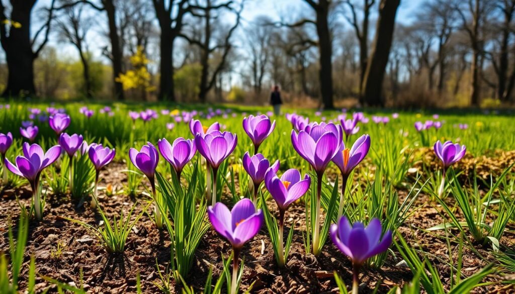 A sun-dappled meadow, dotted with vibrant purple crocuses in full bloom. The flowers sway gently in a soft breeze, their petals unfurling towards the clear azure sky. In the foreground, rich, loamy soil provides the perfect substrate for the crocus bulbs to thrive, while the middle ground features lush, verdant grasses that frame the scene. In the background, a picturesque woodland with towering deciduous trees creates a sense of depth and natural enclosure. The overall lighting is warm and diffused, lending a serene, idyllic atmosphere to the image.
