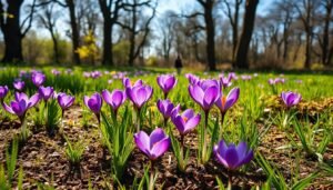 A sun-dappled meadow, dotted with vibrant purple crocuses in full bloom. The flowers sway gently in a soft breeze, their petals unfurling towards the clear azure sky. In the foreground, rich, loamy soil provides the perfect substrate for the crocus bulbs to thrive, while the middle ground features lush, verdant grasses that frame the scene. In the background, a picturesque woodland with towering deciduous trees creates a sense of depth and natural enclosure. The overall lighting is warm and diffused, lending a serene, idyllic atmosphere to the image.