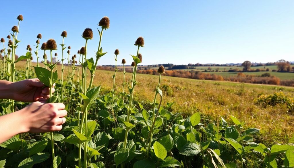 A sun-dappled meadow on a crisp autumn day, the ground carpeted with clusters of Spitzwegerich (plantain) leaves, their distinctive veined patterns glistening in the soft light. In the foreground, nimble hands deftly harvest the upright flower stalks, their long green stems and brown seed heads a testament to the plant's resilience. The middle ground reveals a patchwork of other wild herbs and grasses, while the distant horizon is framed by a rolling landscape of gentle hills and scattered trees, their leaves just beginning to turn. The scene exudes a sense of peaceful tranquility, inviting the viewer to pause and appreciate the simple beauty of this humble yet versatile medicinal plant during its prime harvesting season.