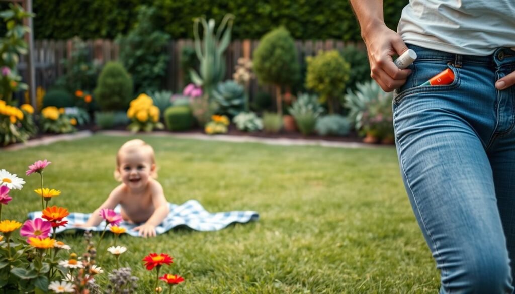 A tranquil garden scene showcasing safety measures for allergy sufferers and children. In the foreground, a young child plays safely on a blanket, surrounded by vibrant flowers and verdant foliage. In the middle ground, a person with an EpiPen tucks it discreetly into a pocket, prepared for any allergic reactions. The background features a well-maintained, pesticide-free lawn, with strategically placed wasp traps and repellent plants that deter unwanted pests. Soft, diffused lighting creates a serene atmosphere, conveying a sense of security and comfort. The overall composition emphasizes the importance of creating a harmonious, allergy-friendly environment where children can explore and enjoy the outdoors without fear. A tranquil garden scene showcasing safety measures for allergy sufferers and children. In the foreground, a young child plays safely on a blanket, surrounded by vibrant flowers and verdant foliage. In the middle ground, a person with an EpiPen tucks it discreetly into a pocket, prepared for any allergic reactions. The background features a well-maintained, pesticide-free lawn, with strategically placed wasp traps and repellent plants that deter unwanted pests. Soft, diffused lighting creates a serene atmosphere, conveying a sense of security and comfort. The overall composition emphasizes the importance of creating a harmonious, allergy-friendly environment where children can explore and enjoy the outdoors without fear.