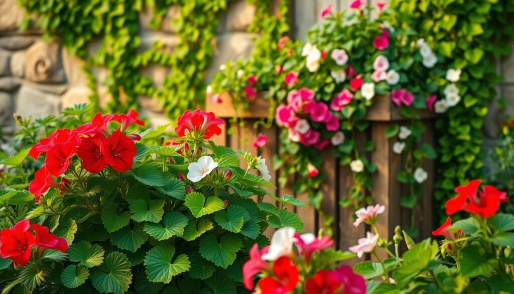 A tranquil garden scene with lush green geraniums in the foreground, their vibrant blooms in shades of red, pink, and white. The plants are healthy and full, gently swaying in a soft breeze. In the middle ground, a wooden planter box overflows with trailing vines and cascading flowers, creating a sense of abundance. The background features a weathered stone wall, partially obscured by verdant foliage, evoking an old-world, rustic ambiance. The lighting is soft and diffused, casting a warm, golden glow that enhances the natural beauty of the scene. The overall composition is balanced and harmonious, inviting the viewer to immerse themselves in the tranquil, therapeutic world of geraniums. A tranquil garden scene with lush green geraniums in the foreground, their vibrant blooms in shades of red, pink, and white. The plants are healthy and full, gently swaying in a soft breeze. In the middle ground, a wooden planter box overflows with trailing vines and cascading flowers, creating a sense of abundance. The background features a weathered stone wall, partially obscured by verdant foliage, evoking an old-world, rustic ambiance. The lighting is soft and diffused, casting a warm, golden glow that enhances the natural beauty of the scene. The overall composition is balanced and harmonious, inviting the viewer to immerse themselves in the tranquil, therapeutic world of geraniums.