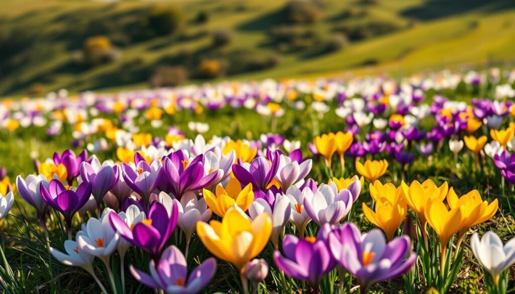 A vibrant array of colorful crocus flowers in full bloom, capturing the essence of "Artenvielfalt Krokusse" (Crocus Diversity). The foreground showcases a mix of purple, white, and yellow crocus blossoms, each petal delicately unfurled, bathed in warm, soft lighting that casts gentle shadows. The middle ground reveals a gently sloping meadow, dotted with additional crocus varieties, creating a harmonious tapestry of hues. In the background, a blurred, verdant landscape provides a serene, natural backdrop, emphasizing the tranquil, pastoral atmosphere. The composition is balanced, with a sense of depth and dimension, inviting the viewer to immerse themselves in the captivating display of crocus diversity.