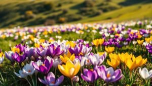 A vibrant array of colorful crocus flowers in full bloom, capturing the essence of "Artenvielfalt Krokusse" (Crocus Diversity). The foreground showcases a mix of purple, white, and yellow crocus blossoms, each petal delicately unfurled, bathed in warm, soft lighting that casts gentle shadows. The middle ground reveals a gently sloping meadow, dotted with additional crocus varieties, creating a harmonious tapestry of hues. In the background, a blurred, verdant landscape provides a serene, natural backdrop, emphasizing the tranquil, pastoral atmosphere. The composition is balanced, with a sense of depth and dimension, inviting the viewer to immerse themselves in the captivating display of crocus diversity.
