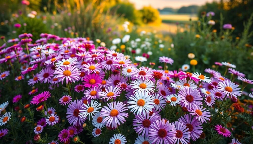 A vibrant array of diverse aster flowers in full bloom, captured in a lush garden setting. The foreground showcases a captivating variety of aster cultivars, including classic daisy-like blooms in shades of pink, purple, and white, as well as unique pom-pom and spidery forms. The middle ground features a harmonious mix of complementary foliage and companion plants, adding depth and visual interest. Soft, warm lighting illuminates the scene, casting gentle shadows and highlighting the delicate petals. The background gently fades into a tranquil, blurred landscape, allowing the asters to take center stage. The overall composition conveys a sense of abundant beauty, natural diversity, and the joyful celebration of aster cultivation.