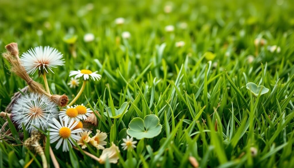 A vibrant, close-up photograph of an assortment of natural home remedies against clover in a lush, verdant lawn. The foreground features an arrangement of fresh herbs and botanicals such as dandelion, chamomile, and clover leaves, with their delicate textures and vibrant colors contrasting against the soft, green grass. The middle ground captures the lawn in focus, showcasing the clover's presence amongst the thriving grass. The background subtly blurs, creating a serene, natural atmosphere. Soft, diffused lighting gently illuminates the scene, emphasizing the organic, earthy tones. The overall composition conveys a sense of harmony and the effectiveness of using natural solutions to address the presence of clover in one's lawn. A vibrant, close-up photograph of an assortment of natural home remedies against clover in a lush, verdant lawn. The foreground features an arrangement of fresh herbs and botanicals such as dandelion, chamomile, and clover leaves, with their delicate textures and vibrant colors contrasting against the soft, green grass. The middle ground captures the lawn in focus, showcasing the clover's presence amongst the thriving grass. The background subtly blurs, creating a serene, natural atmosphere. Soft, diffused lighting gently illuminates the scene, emphasizing the organic, earthy tones. The overall composition conveys a sense of harmony and the effectiveness of using natural solutions to address the presence of clover in one's lawn.