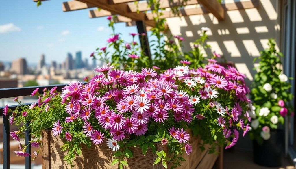 A vibrant container garden on a sun-dappled balcony, overflowing with cheerful asters in shades of pink, purple, and white. The asters are planted in a large, weathered wooden planter, their lush foliage and blooms cascading gracefully over the sides. Gentle shadows cast by the overhead trellis create a soft, natural lighting that highlights the delicate petals. In the background, a glimpse of city skyline and a clear blue sky, evoking a sense of urban tranquility. The overall scene exudes a welcoming, relaxed atmosphere, perfectly capturing the joys of cultivating a bountiful container garden on a small urban balcony.