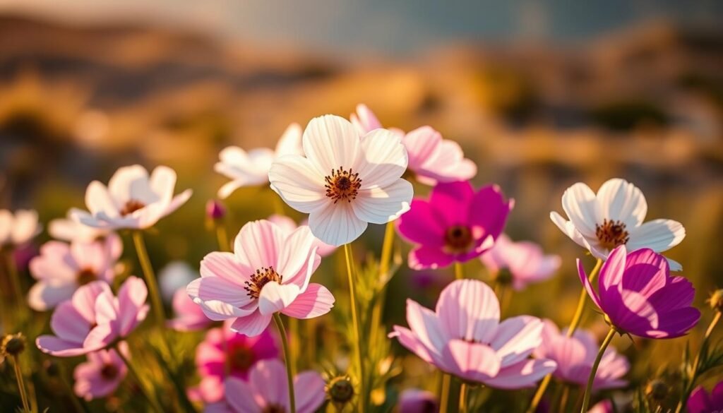 A vibrant field of anemone flowers in full bloom, bathed in warm, soft lighting that gently illuminates their delicate petals. The flowers are arranged in a visually pleasing, natural composition, with a mix of colors including white, pink, and purple. The background is a blurred, out-of-focus landscape, emphasizing the captivating beauty of the anemones in the foreground. The image captures the essence of healthy, thriving anemone plants, showcasing the ideal conditions for their growth and care.