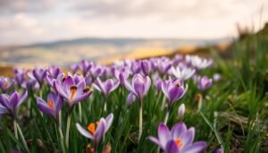 A vibrant field of blooming crocus flowers, their delicate petals unfurled in the soft morning light. In the foreground, a cluster of industrious honeybees gracefully alight on the vibrant purple and white blossoms, their fuzzy bodies busily collecting nectar and pollen. The middle ground showcases the lush, verdant foliage of the crocus plants, their slender leaves contrasting beautifully with the vibrant flowers. In the background, a hazy, out-of-focus landscape of rolling hills and a gentle, cloudy sky, creating a serene, tranquil atmosphere. Captured with a shallow depth of field and warm, natural lighting to emphasize the delicate beauty and ecological significance of these remarkable plants.