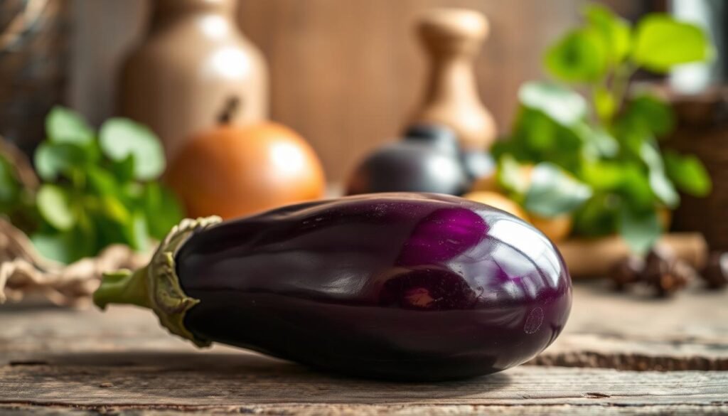 A vibrant, nutrient-rich eggplant rests on a rustic wooden surface, its deep purple hue shimmering under soft, natural lighting. The eggplant's firm texture and glossy skin suggest its freshness and high-quality. In the background, a blurred still life scene features complementary elements, such as earthy tones and organic shapes, creating a harmonious and inviting atmosphere. The overall composition emphasizes the eggplant's nutritional value and its suitability for a healthy, garden-inspired meal. Captured with a medium-wide angle lens, the image conveys a sense of depth and balance, highlighting the eggplant's prominent role in the scene.