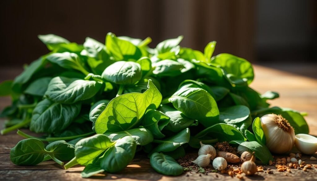 A vibrant still-life featuring an assortment of fresh, green spinach leaves gently arranged on a wooden table. The leaves are illuminated by soft, natural lighting, casting subtle shadows that add depth and dimension to the scene. In the foreground, a collection of various culinary ingredients - such as garlic, onions, and spices - are strategically placed, hinting at the delicious spinach recipes to come. The background is slightly blurred, creating a sense of focus on the main subject. The overall mood is one of simplicity, freshness, and the inviting allure of homemade, wholesome cuisine. A vibrant still-life featuring an assortment of fresh, green spinach leaves gently arranged on a wooden table. The leaves are illuminated by soft, natural lighting, casting subtle shadows that add depth and dimension to the scene. In the foreground, a collection of various culinary ingredients - such as garlic, onions, and spices - are strategically placed, hinting at the delicious spinach recipes to come. The background is slightly blurred, creating a sense of focus on the main subject. The overall mood is one of simplicity, freshness, and the inviting allure of homemade, wholesome cuisine.