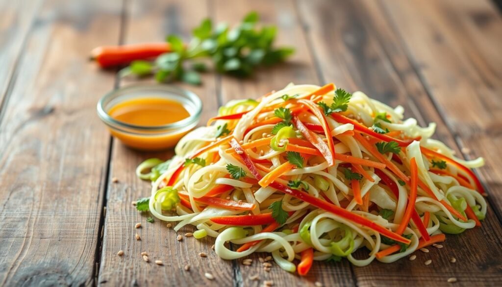 A visually appealing and meticulously arranged Chinese cabbage salad, showcasing a vibrant mix of fresh ingredients. The salad is laid out on a rustic wooden table, bathed in soft, natural lighting that emphasizes the textures and colors. In the foreground, thin slices of crisp Chinese cabbage are tossed with julienned carrots, red bell peppers, and a scattering of toasted sesame seeds. The middle ground features a small bowl of a light, tangy dressing, possibly a soy-based vinaigrette. In the background, a few sprigs of fresh cilantro or green onions add a touch of freshness, complementing the overall earthy, wholesome atmosphere. The scene conveys a sense of simplicity, balance, and the integration of Chinese cabbage into a varied, nutritious meal.