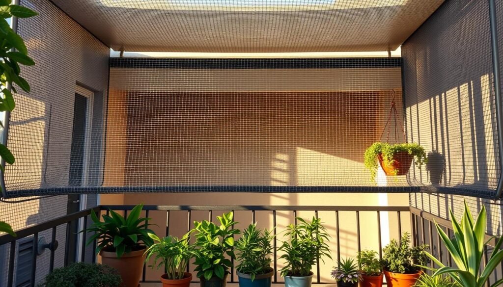 A well-designed balcony barrier against garden pests, featuring a sturdy metal mesh or screen covering the entire balcony area. The barrier extends from the floor to the ceiling, seamlessly blending with the surrounding architecture. Strategically placed potted plants and hanging baskets add a touch of greenery, creating a lush, inviting atmosphere. Warm, natural lighting illuminates the scene, casting gentle shadows and highlighting the intricate mesh pattern. The overall design exudes a sense of functionality and practicality, perfectly suited to protect the balcony from unwanted insect visitors while maintaining an aesthetically pleasing outdoor living space. A well-designed balcony barrier against garden pests, featuring a sturdy metal mesh or screen covering the entire balcony area. The barrier extends from the floor to the ceiling, seamlessly blending with the surrounding architecture. Strategically placed potted plants and hanging baskets add a touch of greenery, creating a lush, inviting atmosphere. Warm, natural lighting illuminates the scene, casting gentle shadows and highlighting the intricate mesh pattern. The overall design exudes a sense of functionality and practicality, perfectly suited to protect the balcony from unwanted insect visitors while maintaining an aesthetically pleasing outdoor living space.