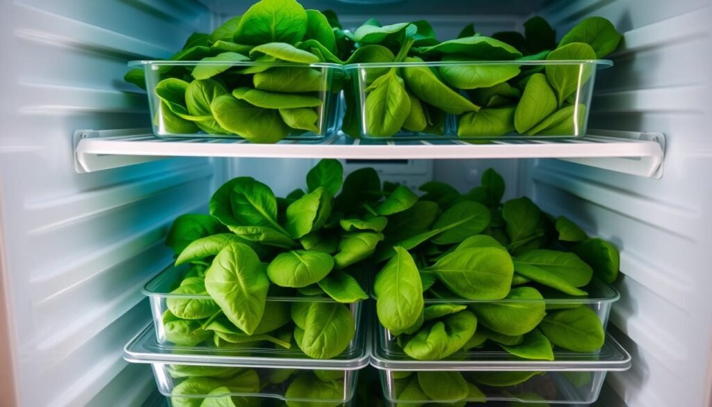 A well-lit and organized refrigerator interior, showcasing fresh spinach leaves neatly arranged on clear plastic containers or shelves. The spinach appears vibrant and crisp, with a slight glow from the cool, even lighting. The scene conveys a sense of freshness, cleanliness, and efficient storage, reflecting the optimal conditions for preserving the nutritional value and quality of the spinach. The overall composition emphasizes the importance of proper refrigeration and storage techniques for maintaining the freshness and longevity of this leafy green vegetable. A well-lit and organized refrigerator interior, showcasing fresh spinach leaves neatly arranged on clear plastic containers or shelves. The spinach appears vibrant and crisp, with a slight glow from the cool, even lighting. The scene conveys a sense of freshness, cleanliness, and efficient storage, reflecting the optimal conditions for preserving the nutritional value and quality of the spinach. The overall composition emphasizes the importance of proper refrigeration and storage techniques for maintaining the freshness and longevity of this leafy green vegetable.