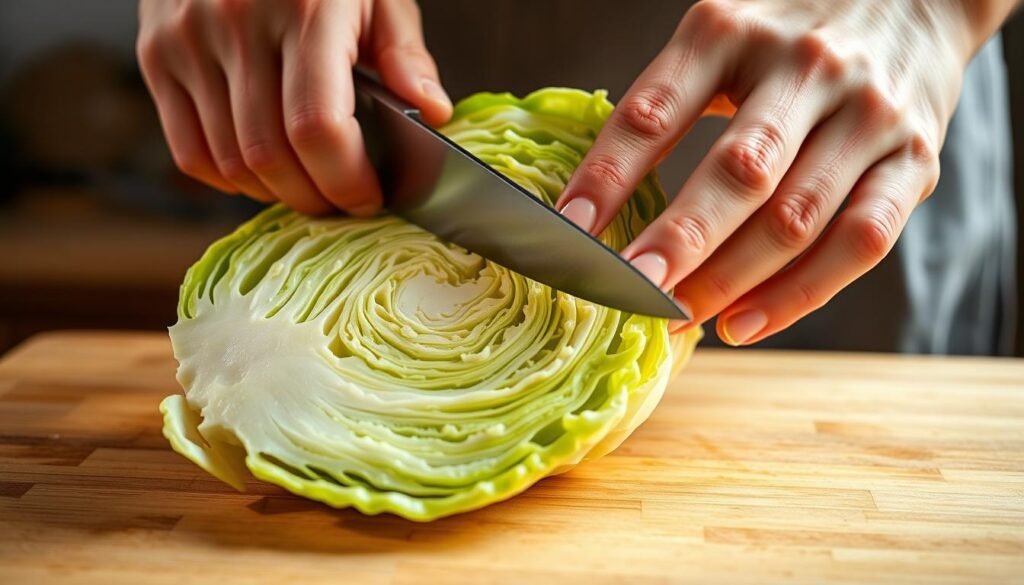 A well-lit, close-up photograph of a person's hands carefully slicing through a green, dense cabbage head on a wooden cutting board. The cabbage leaves are glistening with moisture, and the knife's blade cleanly cuts through the vegetable, revealing the pale interior. The background is slightly blurred, but the overall scene has a warm, natural lighting that accentuates the textures and colors of the cabbage and the hands at work. The composition emphasizes the precision and care taken in preparing the cabbage for cooking, capturing the essence of the &quot;Wirsing schneiden&quot; process.