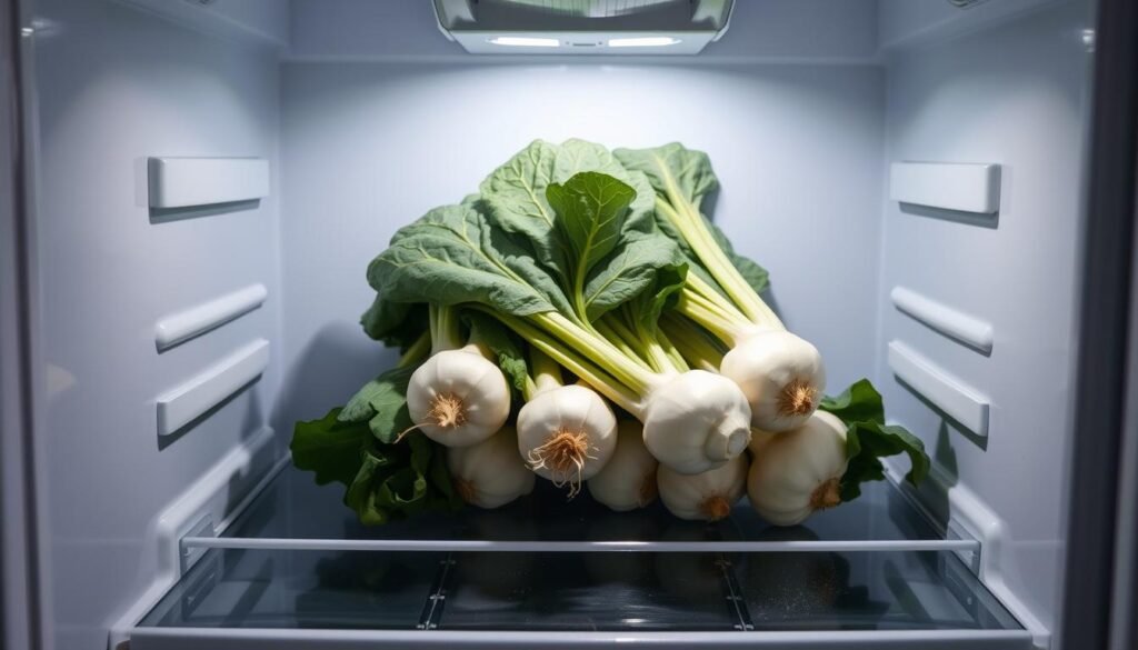 A well-lit, crisp photograph showcasing the proper storage of kohlrabi in a refrigerator. The kohlrabi roots are neatly arranged on the middle shelf, their vibrant green leaves tucked around them. The fridge interior is clean and organized, with a slight haze of cold air visible. Soft, diffused lighting from the fridge illuminates the kohlrabi, casting subtle shadows that accentuate their unique shapes and textures. The overall mood is one of freshness, efficiency, and care in preserving the harvested kohlrabi produce.