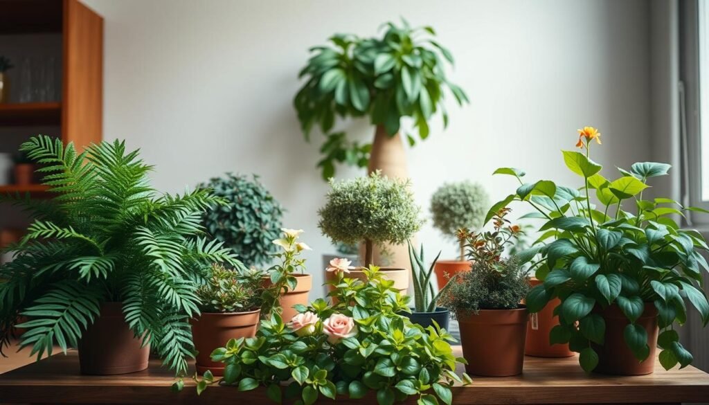 A well-lit indoor scene depicting various potted houseplants and flowers on a wooden table or shelf. The foreground features a variety of lush, healthy-looking plants, including a large, leafy fern, a succulent plant, and a small flowering plant. The middle ground shows a selection of smaller potted plants, including a bushy herb plant and a compact shrub. The background showcases a simple, minimalist interior with a neutral-colored wall, allowing the plants to be the focal point. The lighting is soft and natural, creating a calming, serene atmosphere. The overall composition highlights the beauty and vibrancy of the plants, conveying a sense of preventive measures against pesky fungus gnats in indoor gardens.