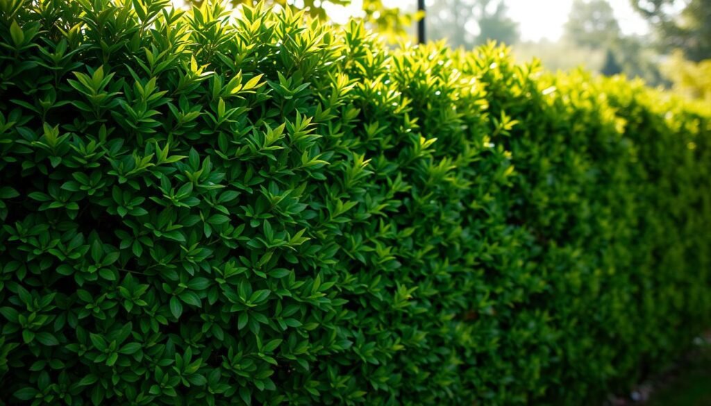A well-manicured hedge of Hecke als Schallschutz (sound-absorbing hedge) stands tall, its lush green foliage casting a natural, soothing shadow. The hedge fills the foreground, its dense, layered branches and leaves creating a visual barrier that effectively blocks unwanted noise and provides enhanced privacy. In the middle ground, dappled sunlight filters through the hedge, casting a warm, tranquil glow. The background fades into a softly blurred, serene landscape, emphasizing the hedge's role as a living, breathing barrier against the outside world. The scene is captured with a wide-angle lens, highlighting the hedge's impressive scale and presence. The overall mood is one of peaceful solitude, where the Hecke als Schallschutz offers a harmonious blend of sound absorption and visual screening.
