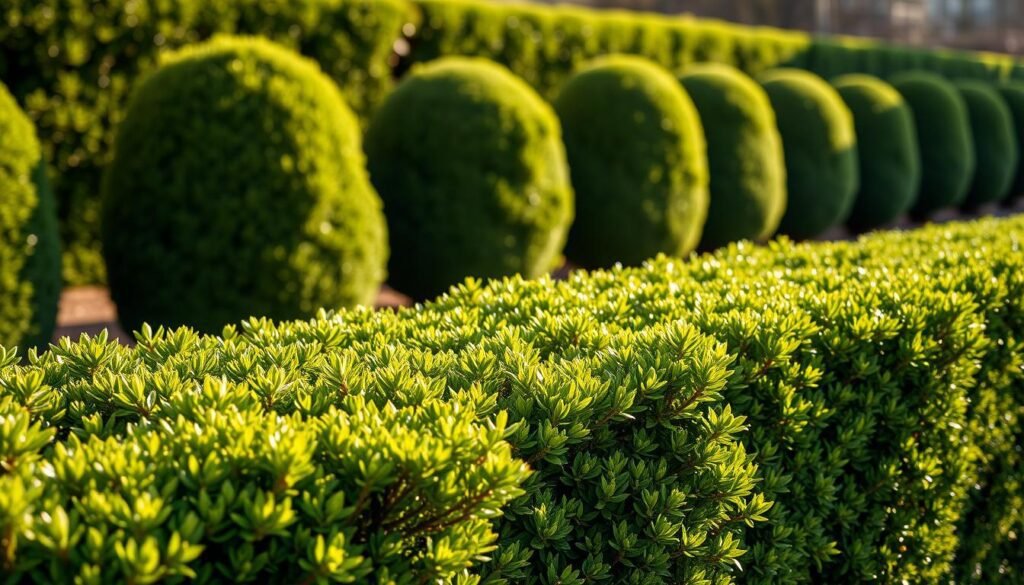 A well-manicured hedge of lush, green Prunus laurocerasus shrubs, showcasing the distinct techniques of Formschnitt (topiary pruning) and Rückschnitt (rejuvenation pruning). The foreground features a close-up view of the crisp, geometric shapes achieved through precise trimming, while the middle ground reveals the overall symmetry and structure of the hedgerow. The background is softly blurred, emphasizing the subject. Warm, natural lighting illuminates the scene, casting gentle shadows that accentuate the textural details of the leaves and stems. The image conveys a sense of order, discipline, and horticultural expertise in the art of sculpting ornamental shrubs.