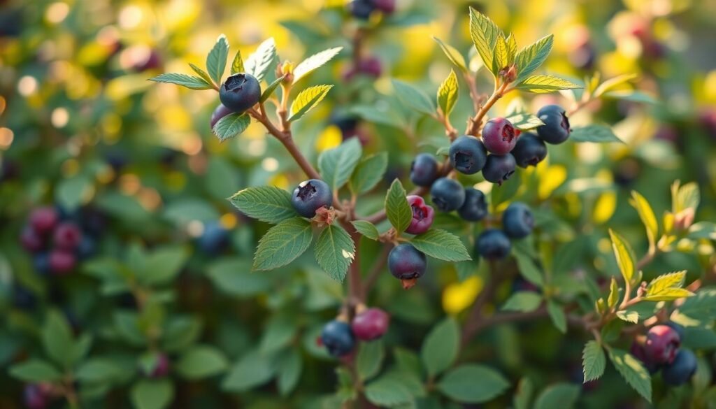 A well-pruned and neatly trimmed Vaccinium corymbosum (highbush blueberry) plant, its lush green foliage and plump, ripe berries standing out against a soft, out-of-focus background. Warm, natural lighting illuminates the scene, casting gentle shadows and highlighting the plant's delicate structure. The camera angle is slightly elevated, providing a detailed, close-up view of the meticulously cared-for blueberry bush, showcasing the skilled pruning techniques used to maintain its optimal health and productivity.