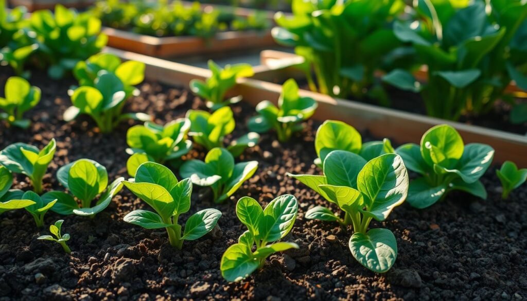 A well-tended vegetable garden in the early morning sunlight, a lush green patch of spinach plants thriving in the rich, loamy soil. The leaves glisten with morning dew, their vibrant hues illuminated by soft, diffused lighting. In the foreground, a few carefully tended spinach seedlings poke through the soil, their tender leaves unfurling. In the middle ground, larger, mature spinach plants stand tall, their broad leaves fanning out in a visually striking pattern. The background features a neatly organized garden bed, framed by wooden borders, with a sense of order and intentionality. The overall scene conveys a feeling of abundance, vitality, and the joy of homegrown produce. A well-tended vegetable garden in the early morning sunlight, a lush green patch of spinach plants thriving in the rich, loamy soil. The leaves glisten with morning dew, their vibrant hues illuminated by soft, diffused lighting. In the foreground, a few carefully tended spinach seedlings poke through the soil, their tender leaves unfurling. In the middle ground, larger, mature spinach plants stand tall, their broad leaves fanning out in a visually striking pattern. The background features a neatly organized garden bed, framed by wooden borders, with a sense of order and intentionality. The overall scene conveys a feeling of abundance, vitality, and the joy of homegrown produce.