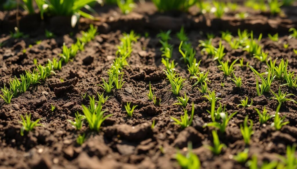 A well-tilled garden soil, rich in nutrients and tilth, lies ready to receive the delicate grass seeds. Sunlight streams down, casting a warm glow over the prepared bed. Rows of tiny seeds await their chance to take root and flourish, transforming the earth into a lush, verdant carpet. The scene exudes a sense of anticipation, a promise of the vibrant lawn to come. Carefully selected grass varieties stand poised to germinate, their diverse hues and textures soon to blend seamlessly into a harmonious whole. This is the canvas upon which the gardener's vision will be realized, a foundation for a beautiful, thriving lawn.