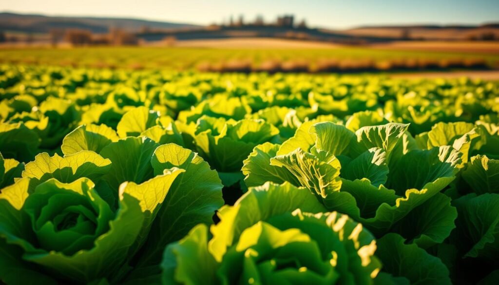 An autumnal field of fresh, vibrant field lettuce (Feldsalat) thriving in the crisp, golden-hued sunlight. The lush, green rosettes of leaves sway gently in a soft, cool breeze, their wavy textures catching the warm, directional lighting. In the foreground, the lettuce appears in close-up, its individual leaves and stems meticulously detailed. The middle ground reveals a wider view of the orderly, well-tended garden bed, while the background showcases an idyllic, rural landscape of rolling hills and a cloudless, azure sky. The overall scene conveys a sense of seasonal abundance, tranquility, and the joys of homegrown, autumn-harvested field lettuce.