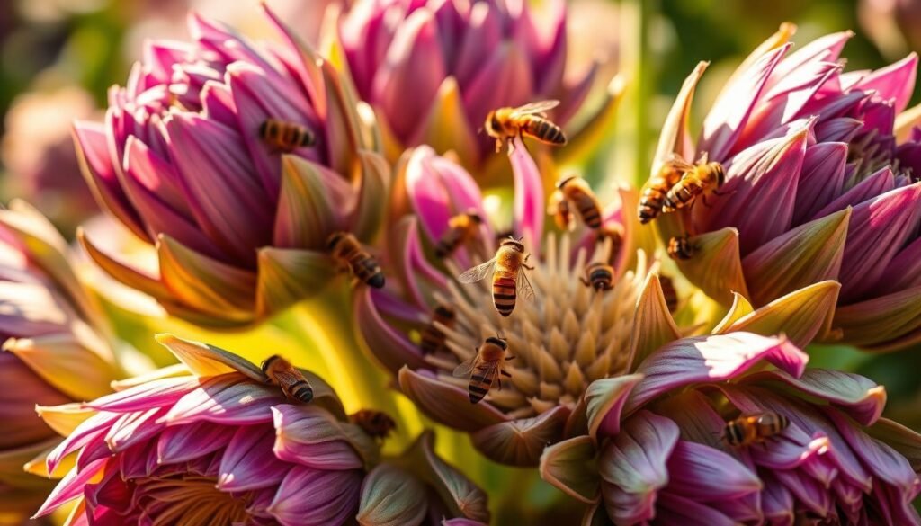 Artischocken-Blüten und Bienen: A vibrant, close-up scene showcasing the intricate beauty of artichoke flowers and the graceful movement of pollinating bees. The blossoms, with their lush, violet-tinged petals, are bathed in warm, golden sunlight, creating a rich, naturalistic atmosphere. Delicate stamens and pistils emerge from the center of each flower, surrounded by a halo of soft, velvety leaves. Amid the floral display, several industrious bees flit from blossom to blossom, their fuzzy bodies and translucent wings capturing the essence of nature's symbiotic dance. The composition emphasizes the harmonious coexistence of the artichoke and its pollinators, highlighting the plant's ecological significance and health benefits.