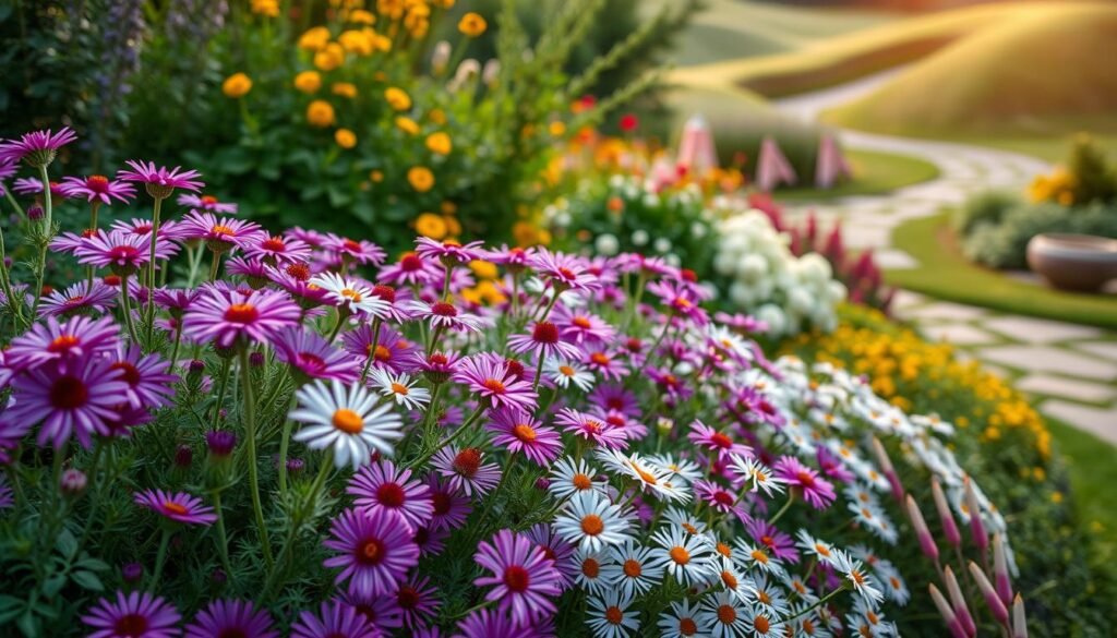 Astern Mischbepflanzungen: a harmonious garden scene featuring a vibrant display of aster flowers in a variety of colors, shapes, and sizes, artfully arranged alongside complementary plants. The foreground showcases a lush tapestry of purple, pink, and white asters, their petals delicately unfurled. In the middle ground, a mix of verdant foliage and accents of yellow and orange create a visually captivating contrast. The background hints at a tranquil setting, perhaps a winding path or a gentle slope, framed by a soft, diffused lighting that casts a warm, golden glow over the entire composition. The overall atmosphere evokes a sense of harmony, beauty, and the joyful celebration of nature's abundant bounty.