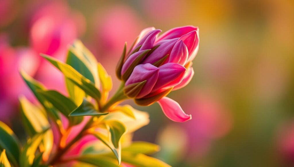 Azaleen Vermehrung: A vibrant close-up of a budding azalea plant, its delicate pink blossoms unfurling against a soft, out-of-focus background. The scene is bathed in warm, golden-hour lighting, creating a serene, dreamy atmosphere. The camera angle is slightly elevated, highlighting the plant's lush, green foliage and the intricate details of the blooming flowers. Shallow depth of field draws the viewer's eye to the center of the frame, emphasizing the beauty and complexity of the azalea's natural propagation process. The overall mood is one of tranquility and wonder, inviting the viewer to appreciate the captivating life cycle of this beloved garden plant.
