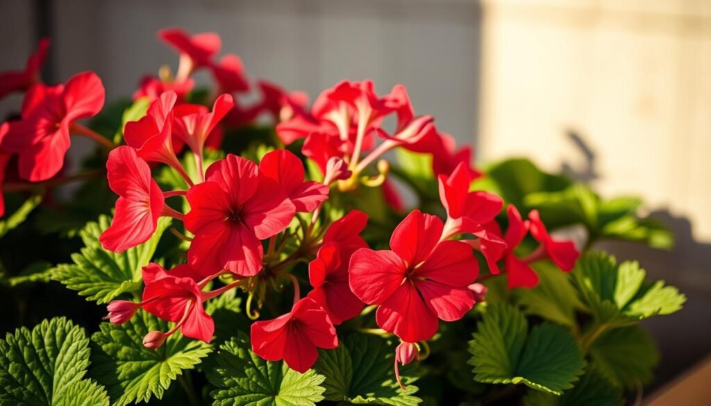Detailed close-up of vibrant geranium plant in full bloom, set against a soft, diffused backdrop. The lush, green foliage fills the frame, with delicate, red-pink petals unfurling gracefully. Warm, directional lighting casts gentle shadows, accentuating the plant's dimensional texture and capturing the essence of its vibrant, healthy growth. The composition is balanced, with a shallow depth of field that keeps the subject in sharp focus while subtly blurring the background. An inviting, serene atmosphere evokes a sense of tranquility and the joys of careful gardening. Detailed close-up of vibrant geranium plant in full bloom, set against a soft, diffused backdrop. The lush, green foliage fills the frame, with delicate, red-pink petals unfurling gracefully. Warm, directional lighting casts gentle shadows, accentuating the plant's dimensional texture and capturing the essence of its vibrant, healthy growth. The composition is balanced, with a shallow depth of field that keeps the subject in sharp focus while subtly blurring the background. An inviting, serene atmosphere evokes a sense of tranquility and the joys of careful gardening.