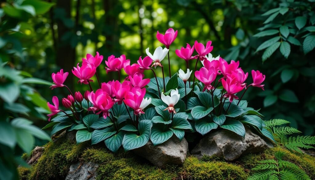 Detailed, decorative arrangement of vibrant Alpenveilchen (cyclamen) plants in a natural, woodland setting. Lush, verdant foliage frames the colorful flowers - deep pinks, purples, and whites. Soft, diffused lighting filters through the canopy, creating a serene, atmospheric ambiance. The composition is balanced, with the Alpenveilchen taking center stage, surrounded by moss-covered rocks and ferns. Compositional elements are thoughtfully positioned to guide the viewer's eye. An inspiring, nature-inspired display that showcases the beauty and versatility of Alpenveilchen.